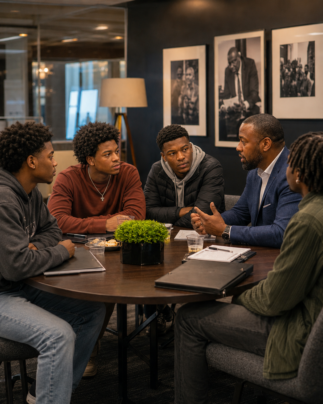 Young men in an elevated, aspirational setting — mentors and students at a table